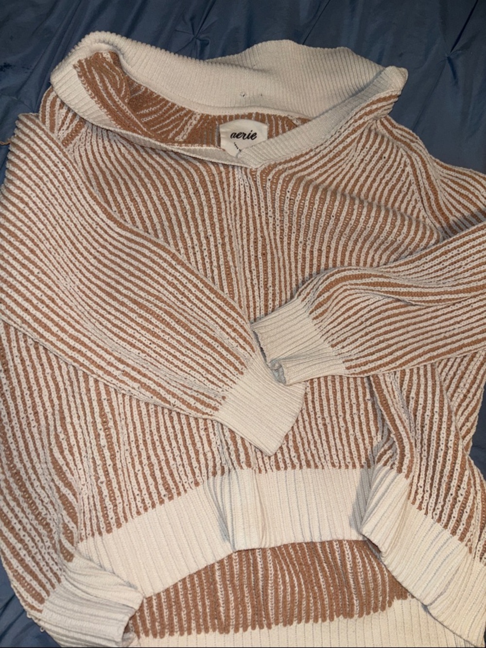 aerie Cream and Tan Striped Cowl Neck Sweater